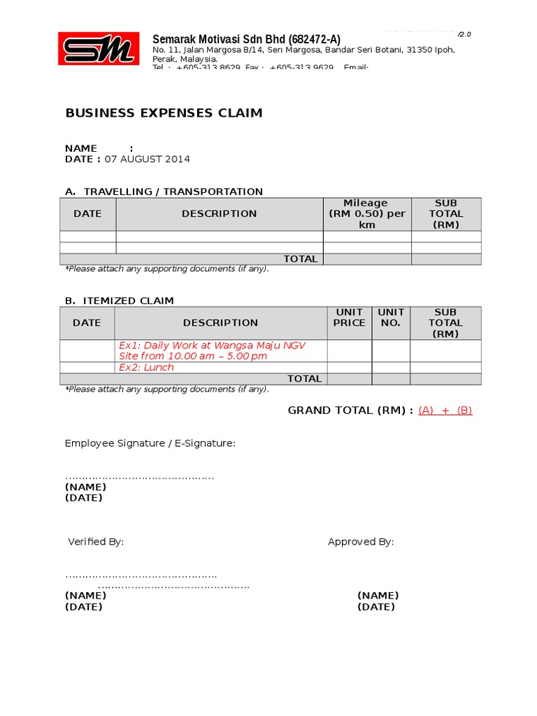 Business Expenses Claim Form Template | PDF