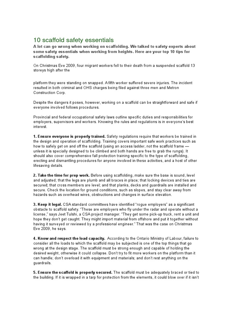 Top 10 Scaffold Safety Tips | PDF | Scaffolding | Occupational Safety ...