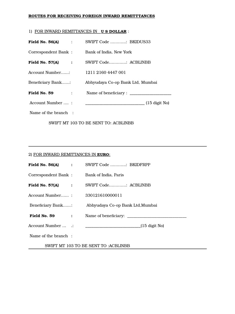 Inward Remittance Routes via SWIFT | PDF | Finance & Money Management