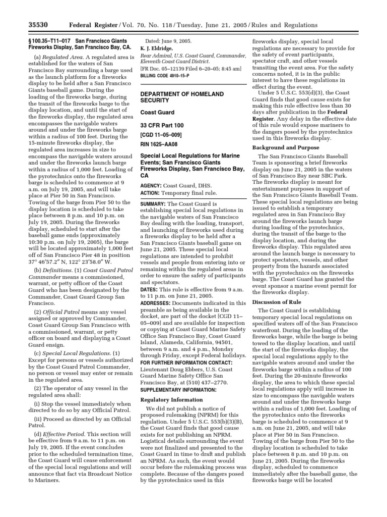 Rule Ports and Waterways Safety Regulated Navigation Areas, Safety Zones, Security Zones, Etc