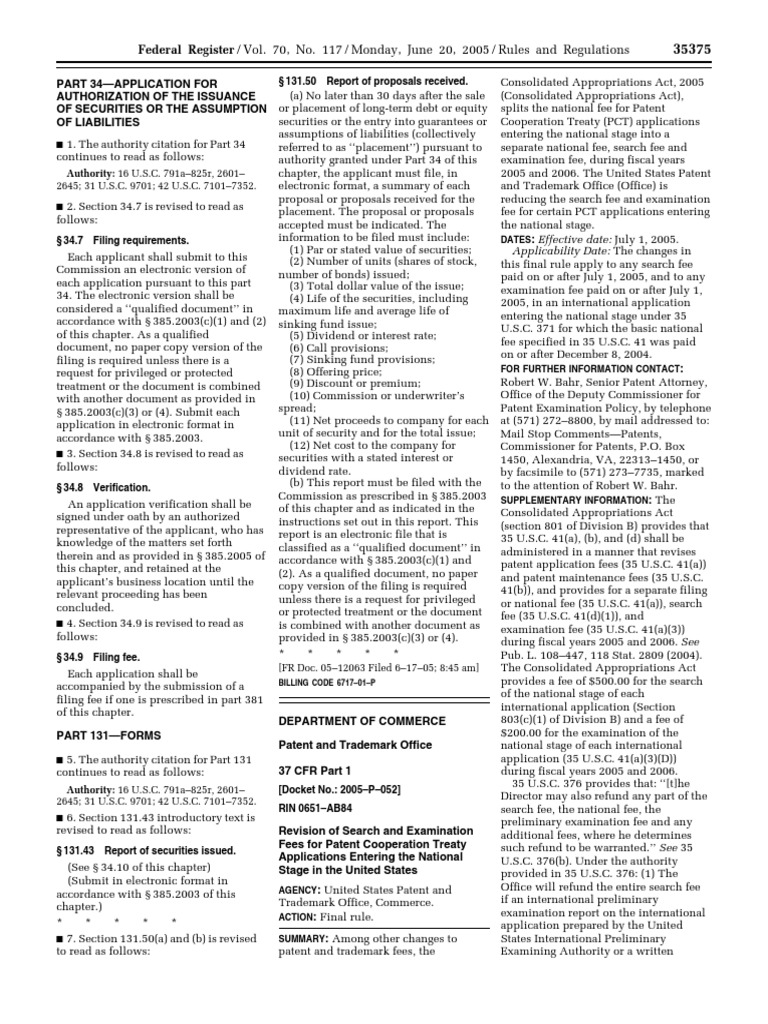 PCT Application Fee Changes 2005 | PDF | Patent Application | Title 35 ...