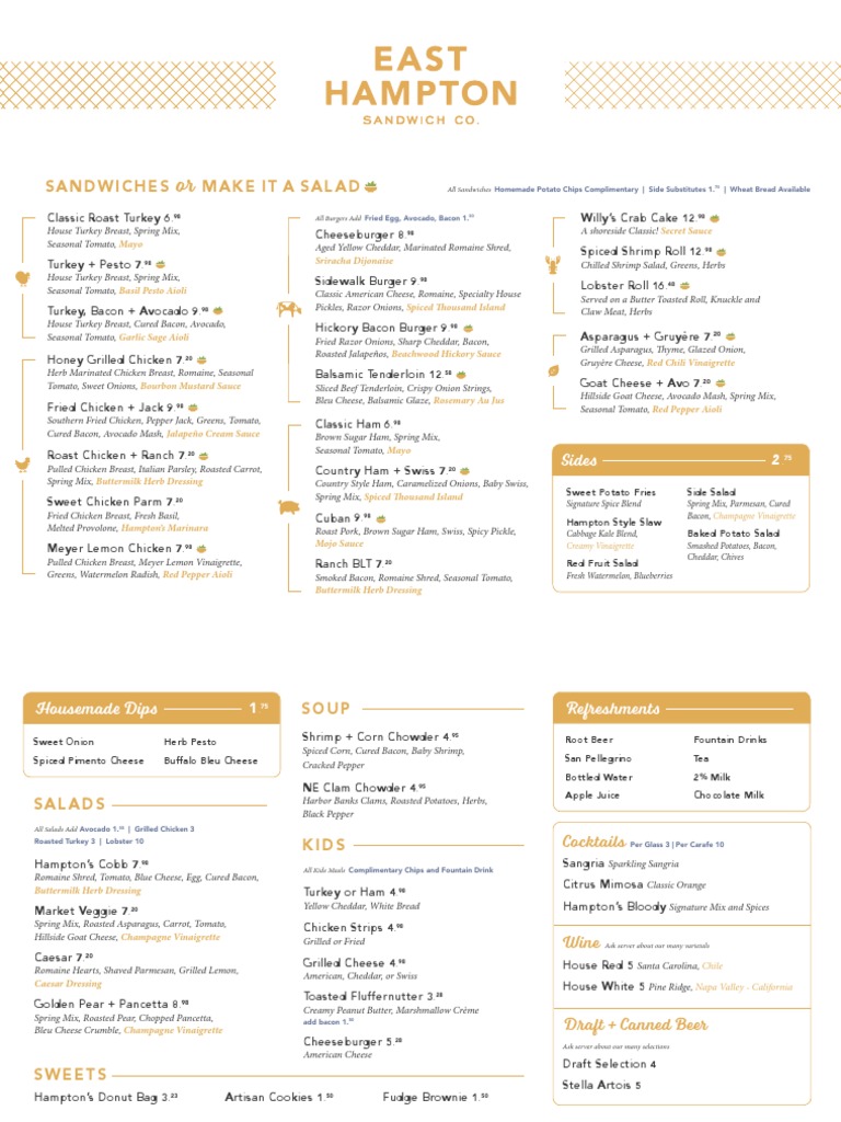 East Hampton Sandwich Co. Menu Salad Hamburgers