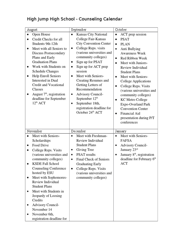 High Jump High School Calendar 1 PDF