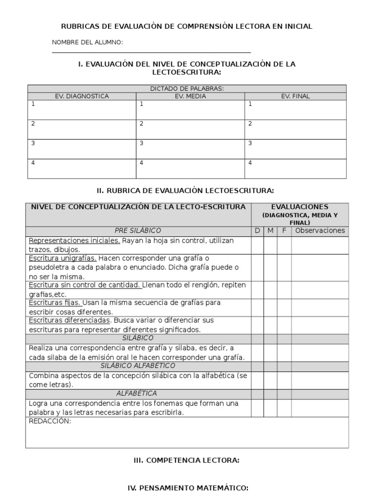 Rubricas de Evaluación de Comprensión Lectora en Inicial | PDF | Escritura  | Palabra, image size:768x1024