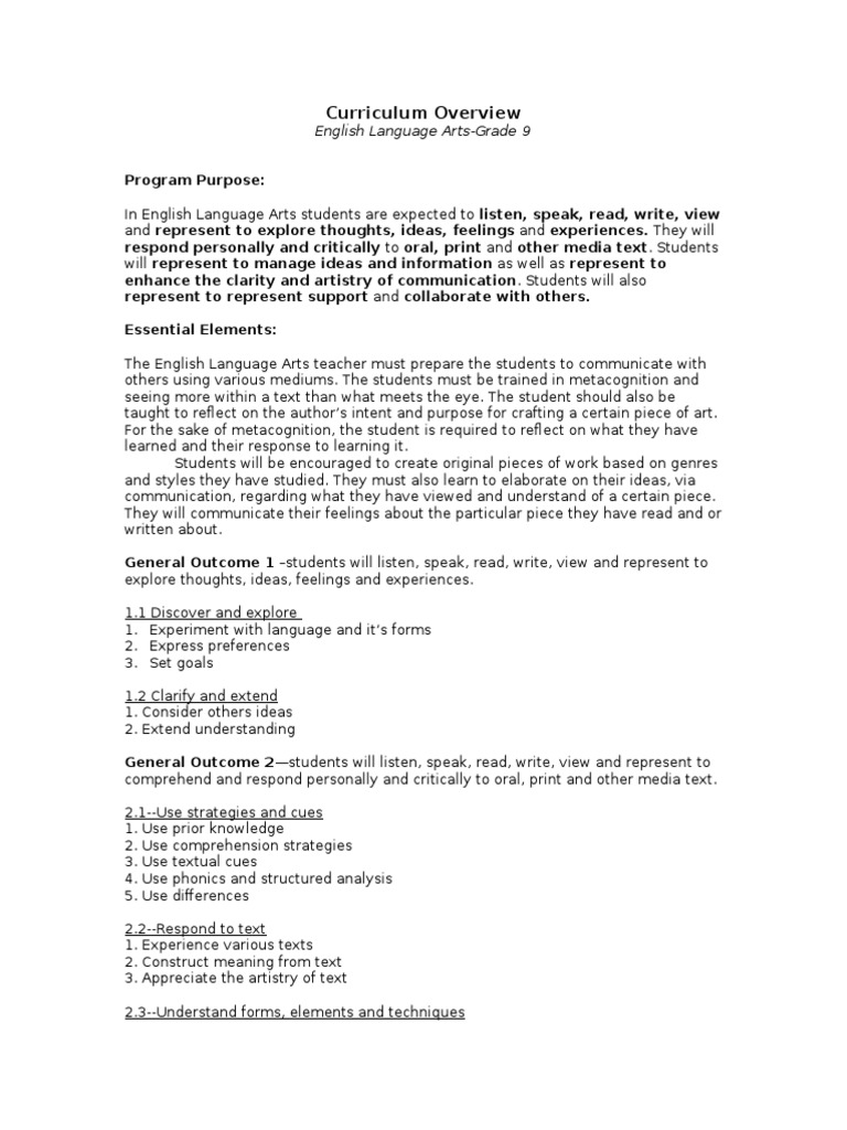 Grade 9 English Language Arts Curriculum | PDF | Emotions | Curriculum