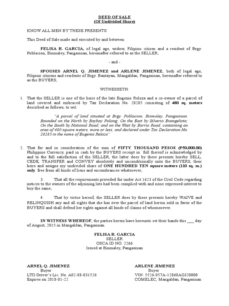 Deed of Sale Undivided Share PDF Land Law Property