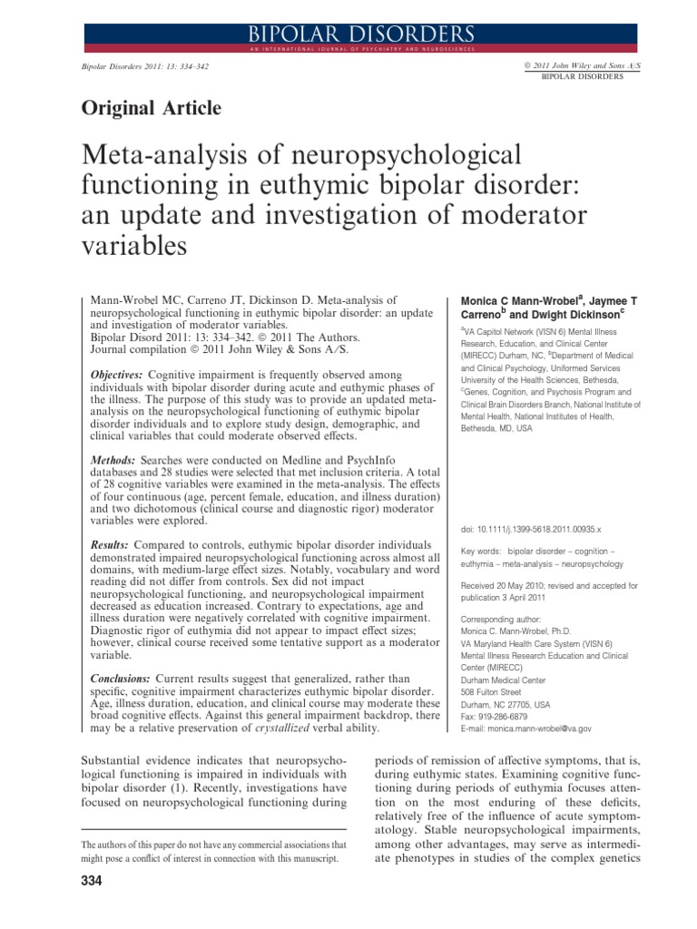 Meta-Analysis of Neuropsychological Functioning in Euthymic Bipolar ...