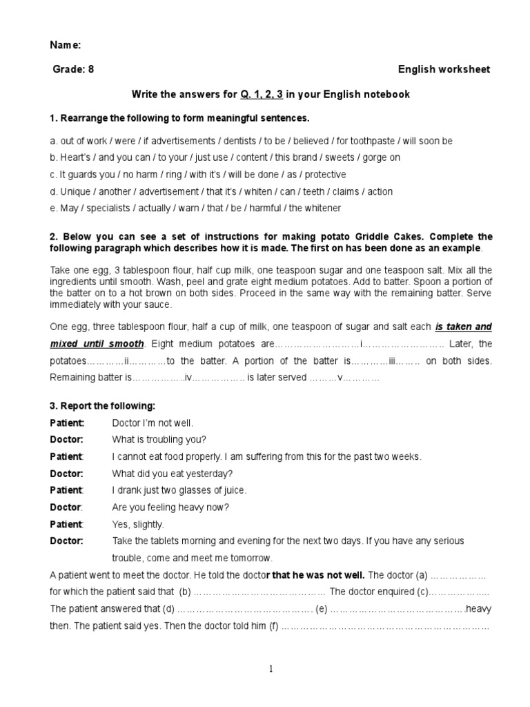 Grade 8 English Worksheets With Answers Pdf