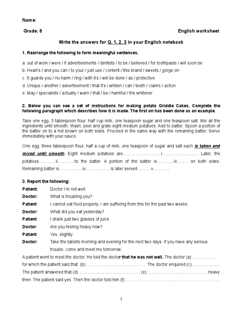Grade 8 English Worksheet
