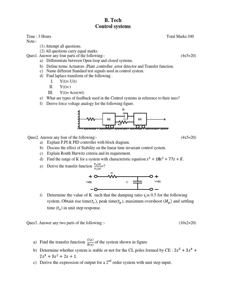 Control Systems B. Tech Exam Questions | PDF