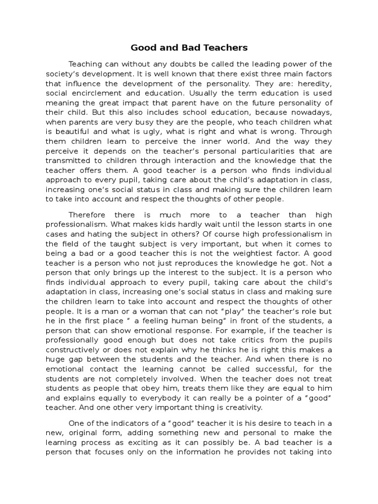 (Essay) Good and Bad Teachers PDF Teachers Emotions