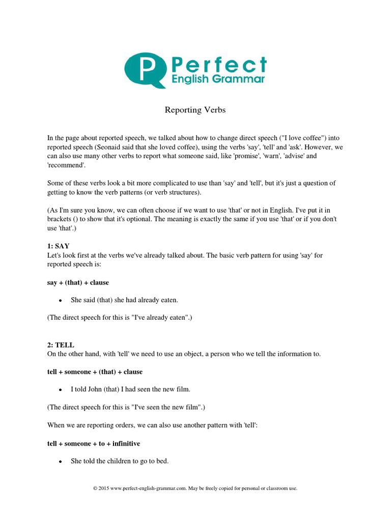 Reporting Verbs Clause Verb