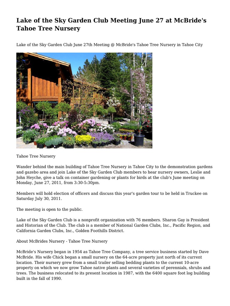 Lake Of The Sky Garden Club Meeting June 27 At Mcbride S Tahoe