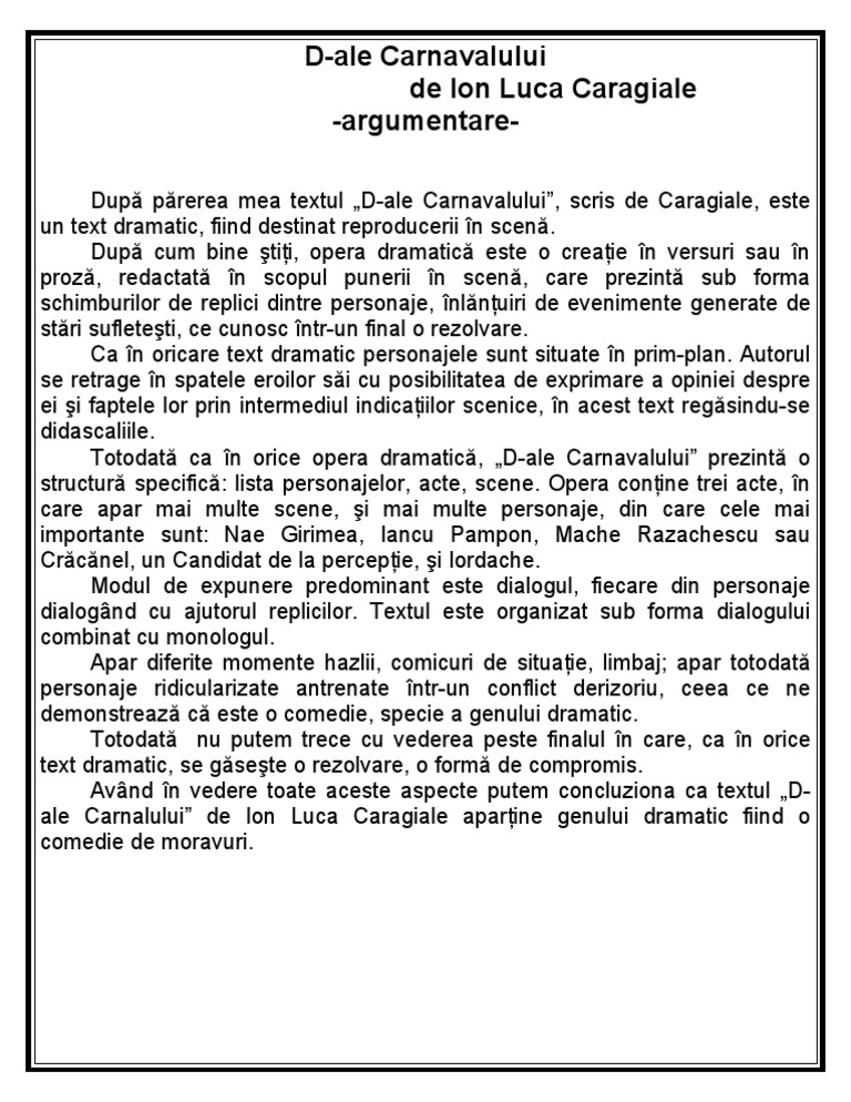 D ale Carnavalului Rezumat Argumentarea Apartenetei Textul D-Ale Carnavalului