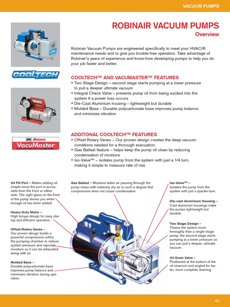 Robinair Vacuum Pumps Cooltech™ and Vacumaster™ Features PDF Gas