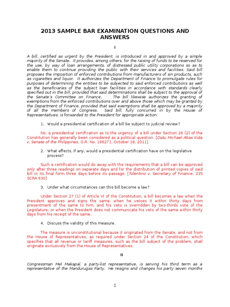 2013 Bar Exam Questions and Answers | PDF | Separation Of Powers ...