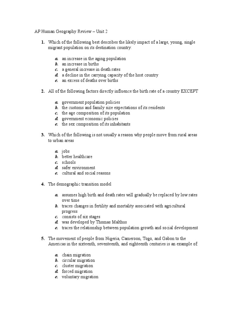 AP Human Geography Review Unit 2 PDF Human Migration Total