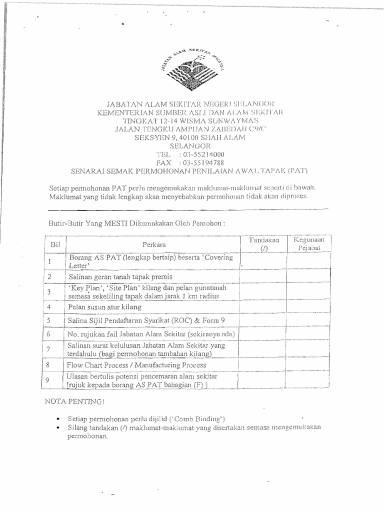 Jabatan Alam Sekitar Senarai Semak Pdf