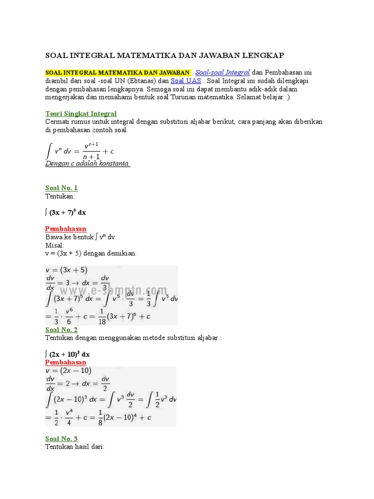 Soal Integral Matematika Dan Jawaban Lengkap