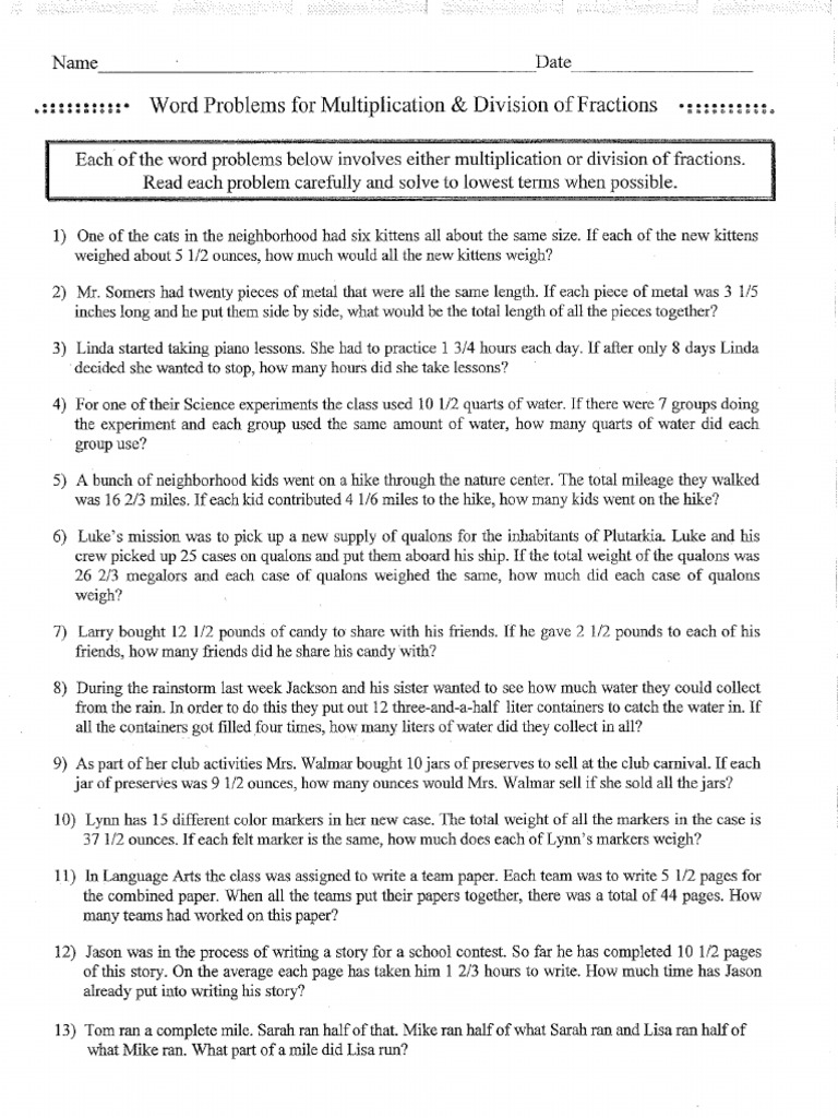 M6a Multiplying and Dividing Fractions Word Problems | PDF