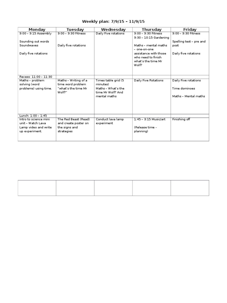 Weekly Lesson Plan: 7/9/15 – 11/9/15 | PDF