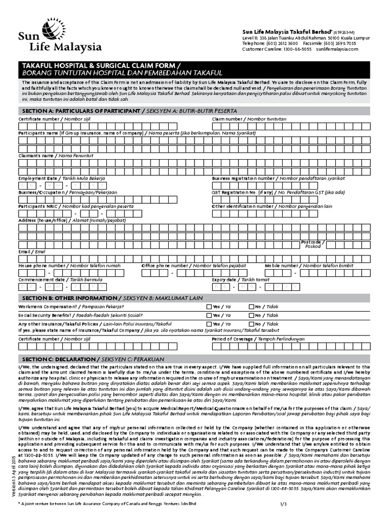 Sunlife Takaful Hospital Surgical Claim Form PDF