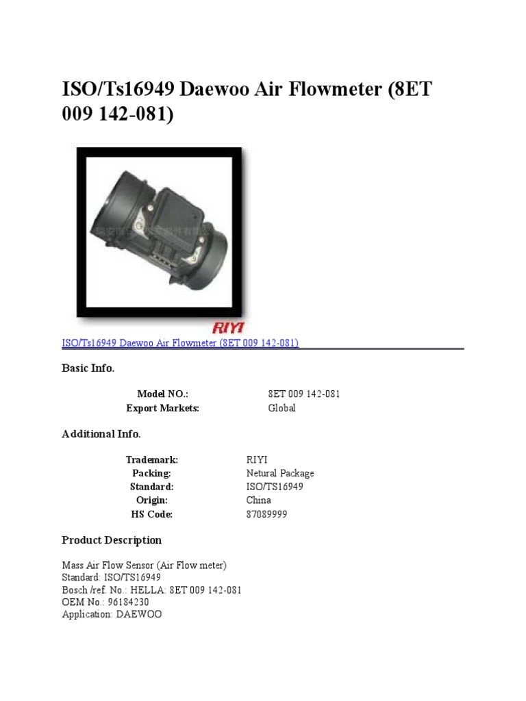 Daewoo Air Flowmeter HS Code 87089999 | PDF