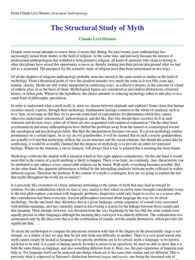 Claude Levi-Strauss - Myth | PDF | Oedipus | Cognitive Science