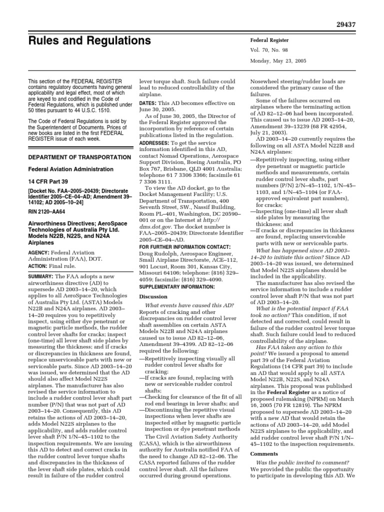 FAA Airworthiness Directive for ASTA Planes | PDF | Federal Aviation ...