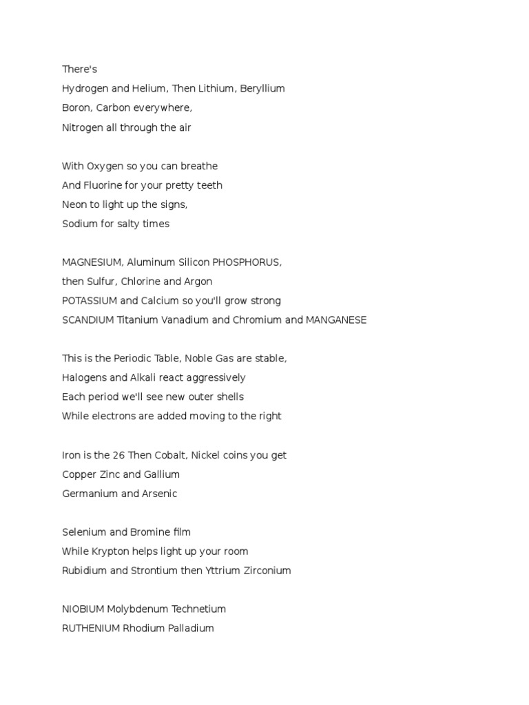 The New Periodic Table Song Lyrics Pdf
