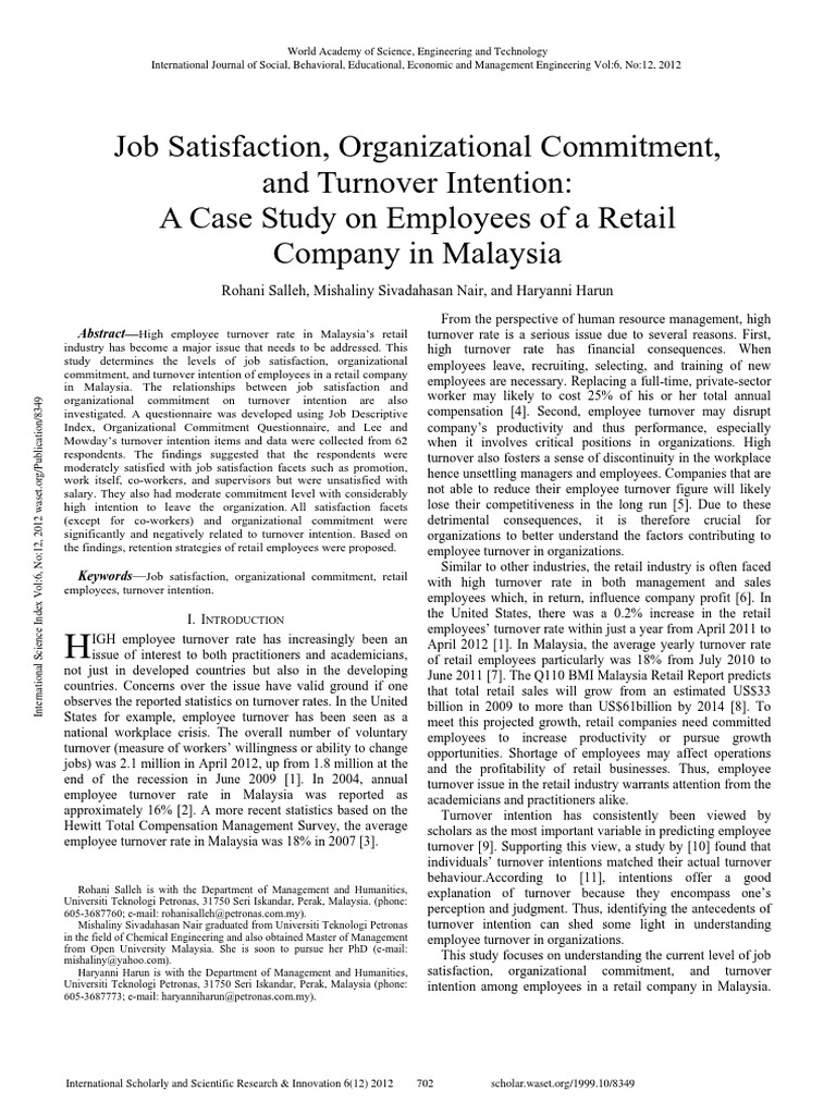 Job Satisfaction Organizational Commitment And Turnover Intention A Case Study On Employees Of A Retail Company In Malaysia Job Satisfaction Turnover Employment