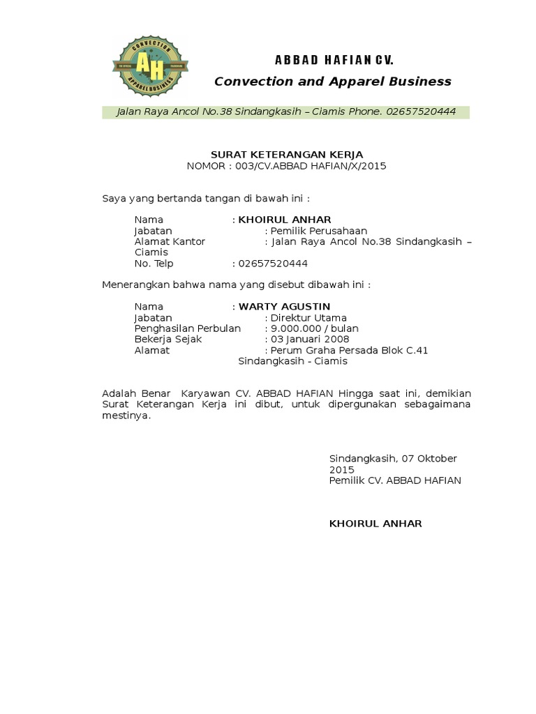 Surat Keterangan Kerja Cv Abbad Havian