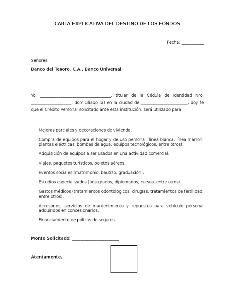 Carta Explicativa de Destino de Fondos - Banco Del Tesoro 