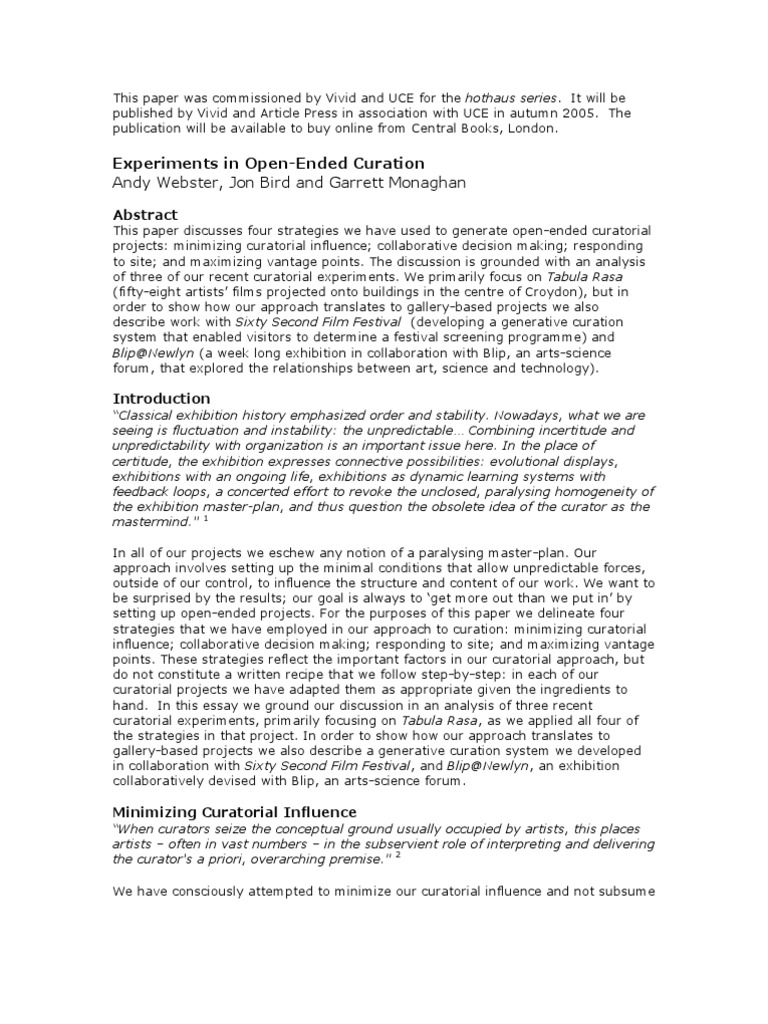 Experiments in Open Ended Curating | PDF | Emergence | Aesthetics