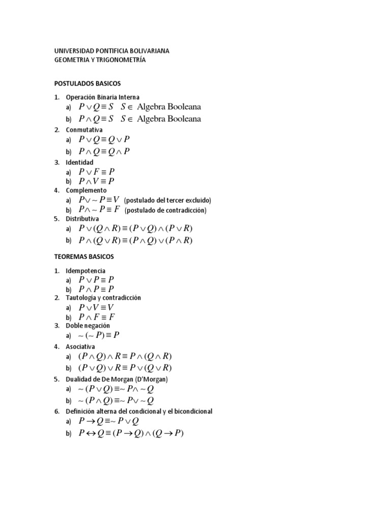 Postulados y Teoremas del Álgebra Booleana | PDF | Álgebra de Boole ...
