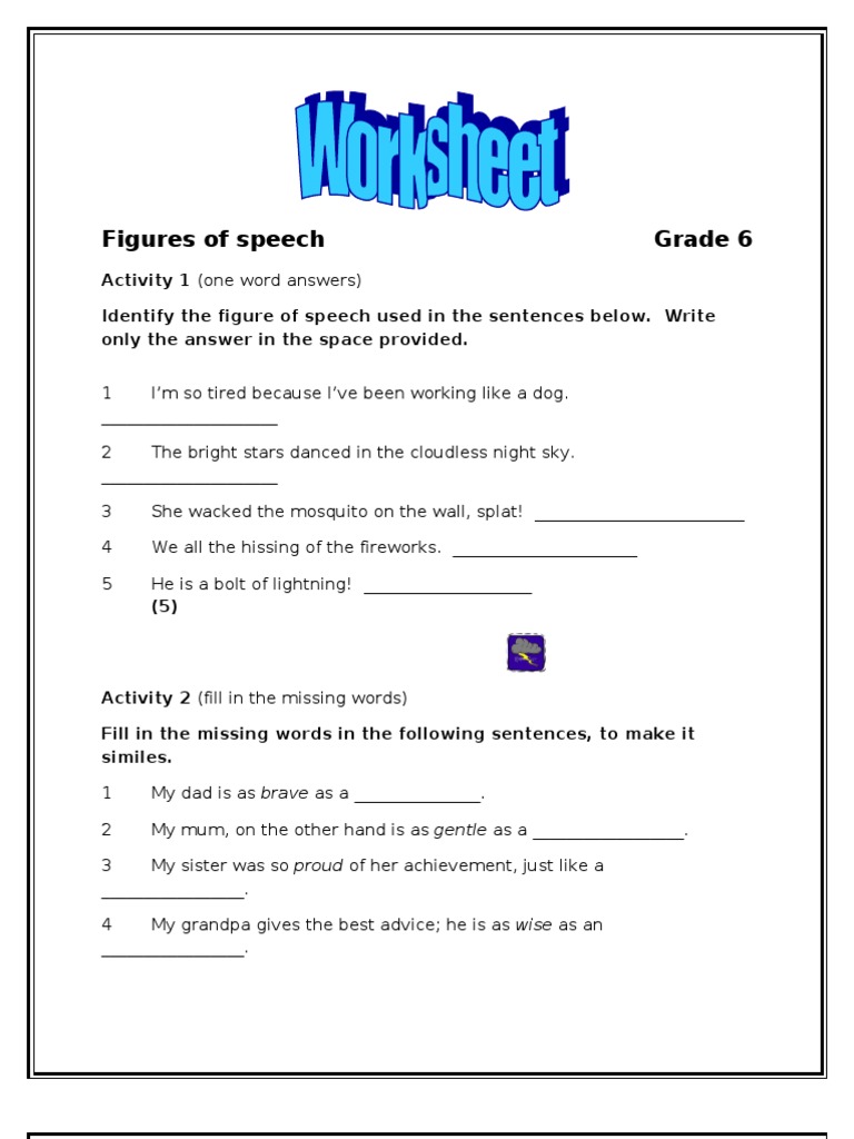 figure of speech worksheet grade 5 with answer