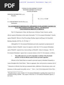 Defense Distributed v. U.S. Dep't. of State Government Defendants' Response in Opposition To Motion To Stay