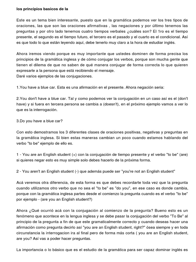 Principios Básicos de Gramática Inglesa | PDF | Idioma en Inglés | Verbo