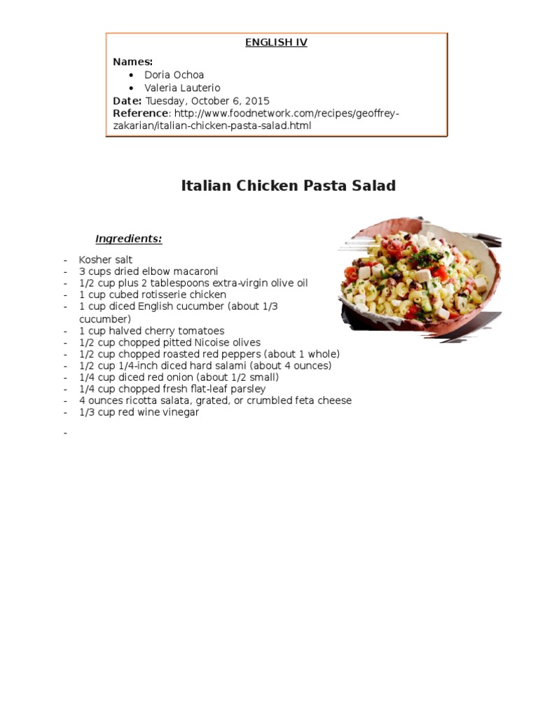 Italian Chicken Pasta Salad: English Iv Names | PDF | Cooking, Food & Wine