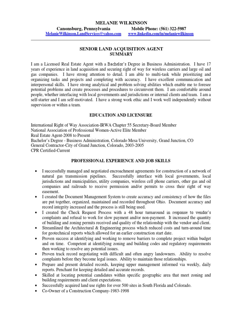 Land Acquisition Right Of Way Agent In Pennslyvania Resume Melanie