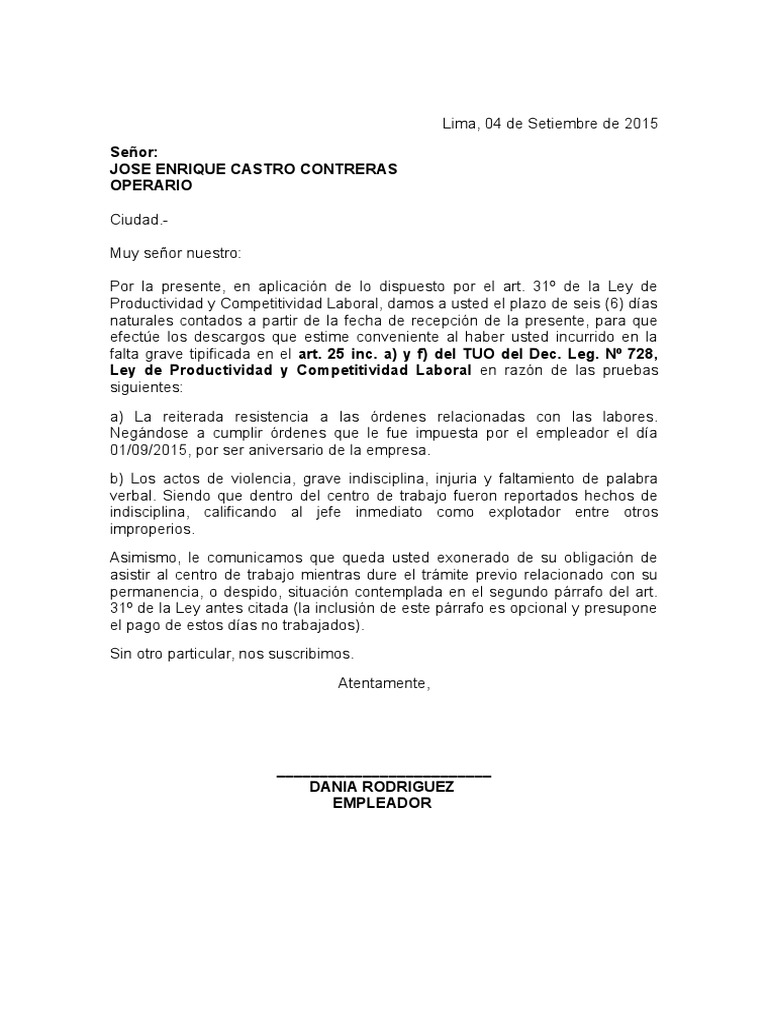 Carta De Preaviso Derecho Laboral Sindicato