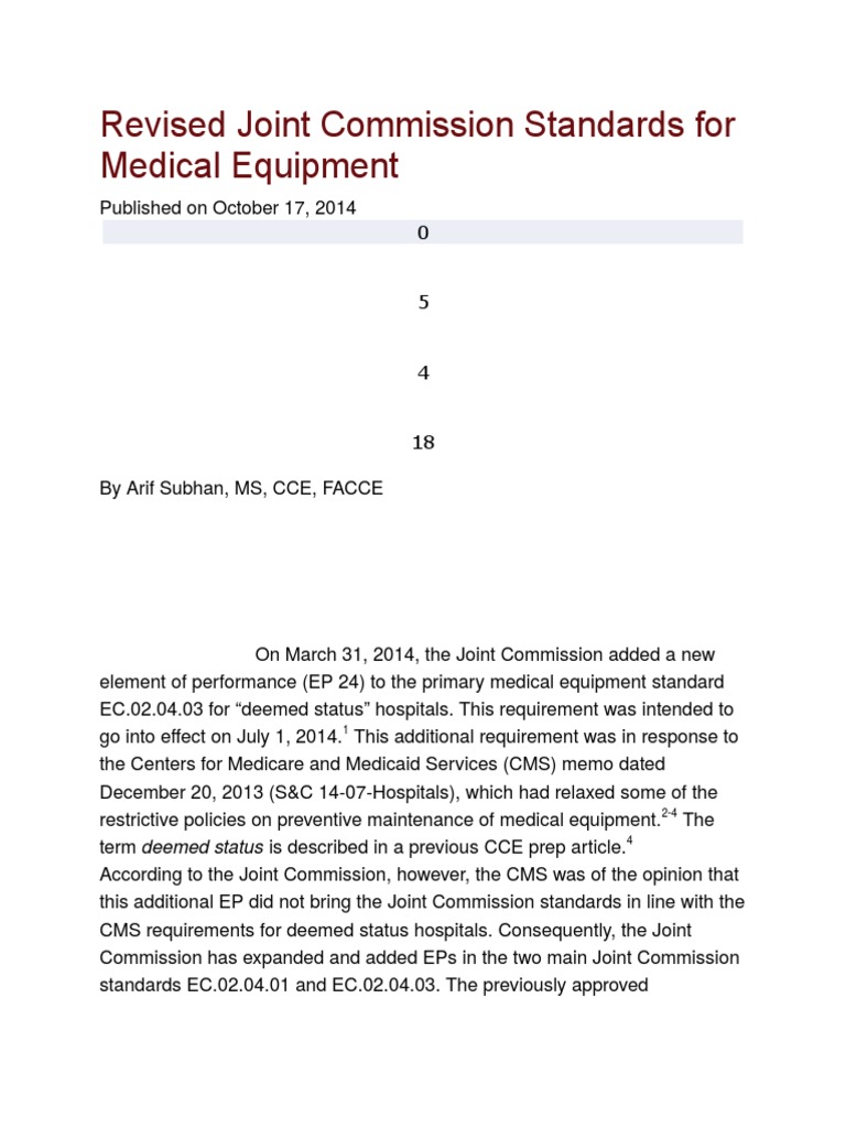 Revised Joint Commission Standards For Medical Equipment Joint