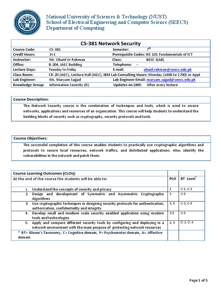 NUST CS-381 Network Security Course Outline | PDF | Cryptography | Key ...