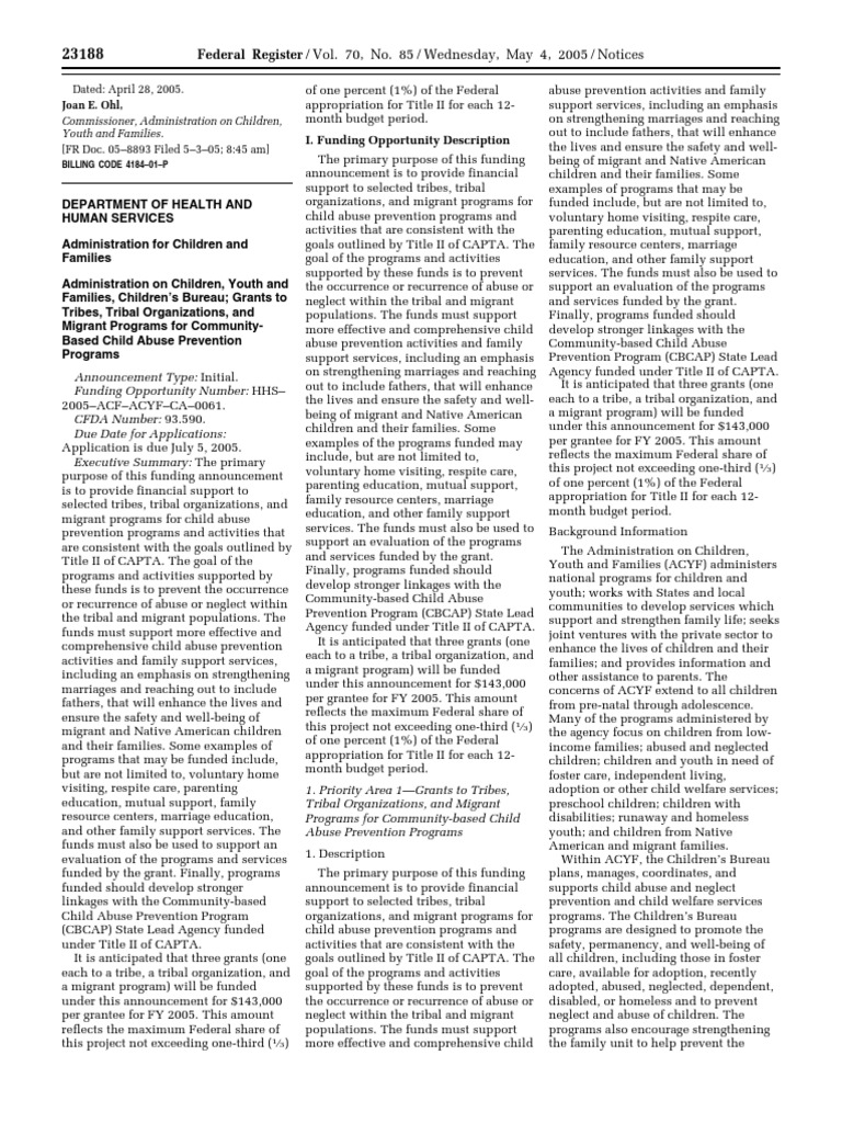 Notice Grants and Cooperative Agreements Availability, Etc. Community