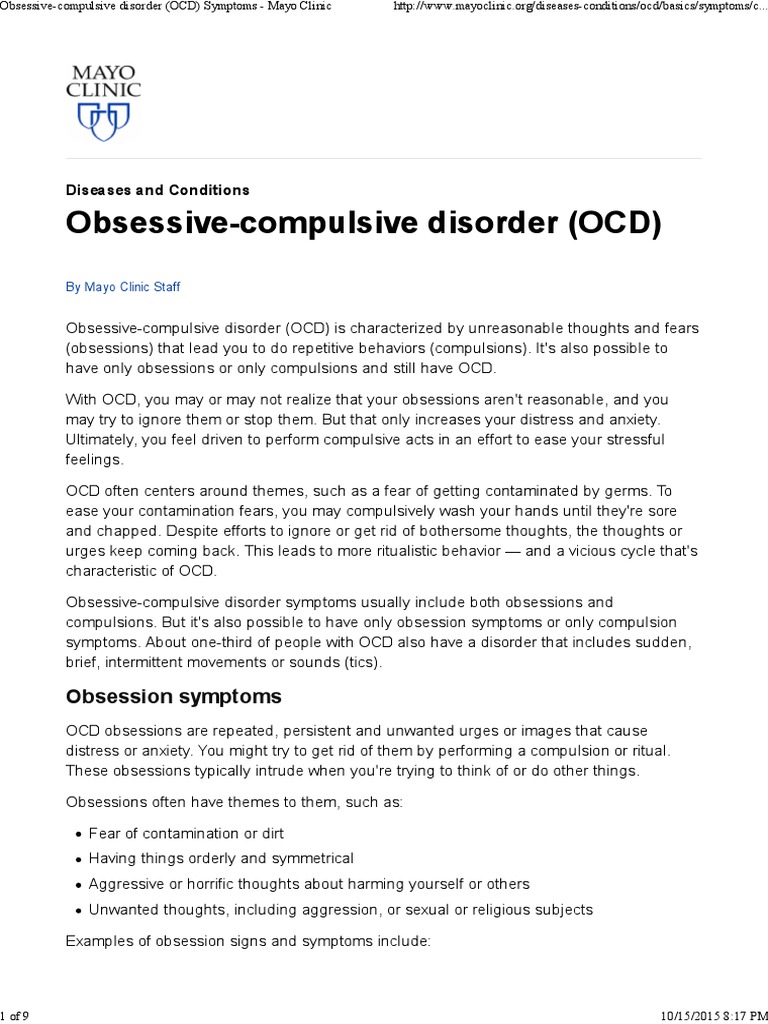 Obsessive-Compulsive Disorder (OCD) Symptoms - Mayo Clinic | PDF ...