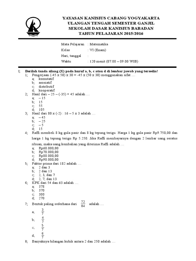 Soal Uts Matematika Kelas 6 Semester 1