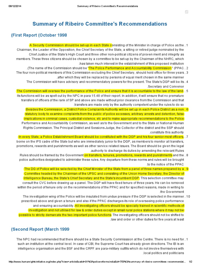 Ribeiro Committee Recommendations Summary | PDF | Police | Justice