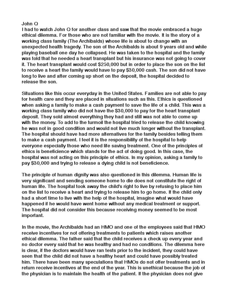 Discuss the conversation between john q and hospital ceo image