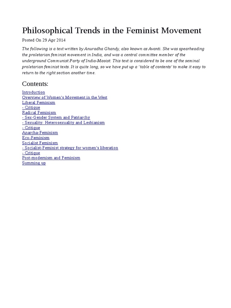 Philosophical Trends in The Feminist Movement  PDF  Feminism  Gender 