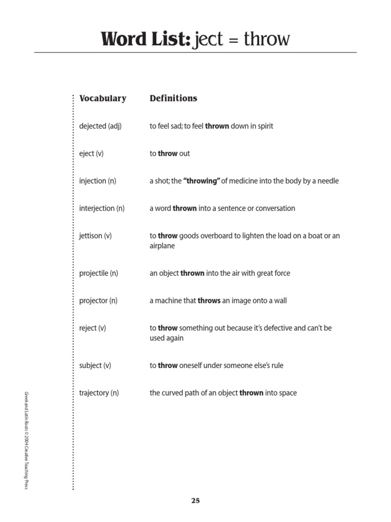 Word List Ject Throw Vocabulary Definitions Linguistics Linguistics